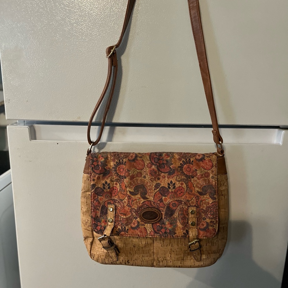 Tan and Brown Cork and Floral‎ Crossbody Bag